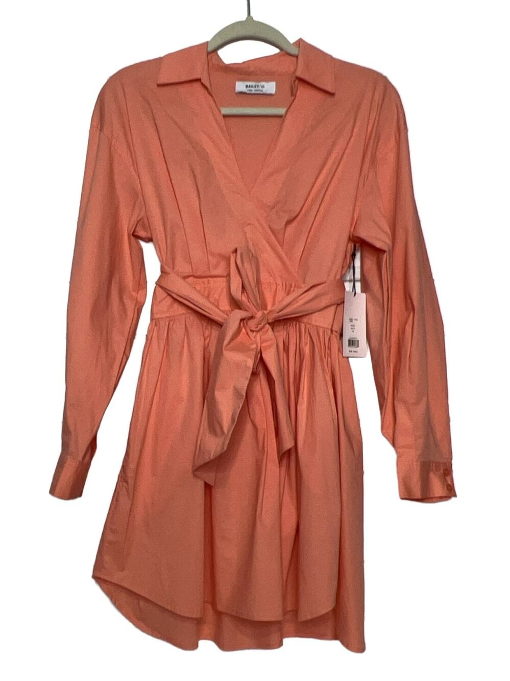 Bailey/44 Chanel Dress XS Coral Long Sleeve Collared Wrap Tie Waist Cotton
